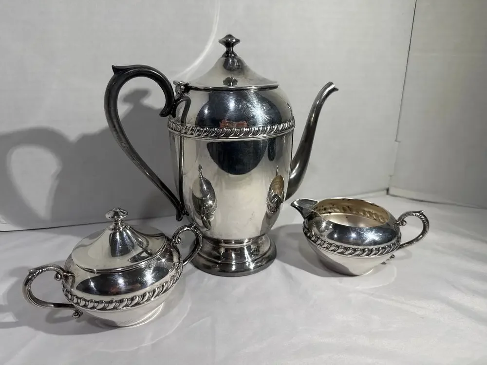 Silver Plated 3 Pc Coffee Tea Set Pot Sugar Creamer Ornate Vintage